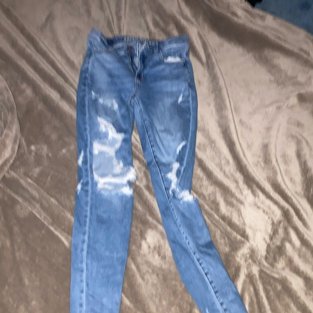 American Eagle Outfitters Blue Skinny Jeans with Distressed Details